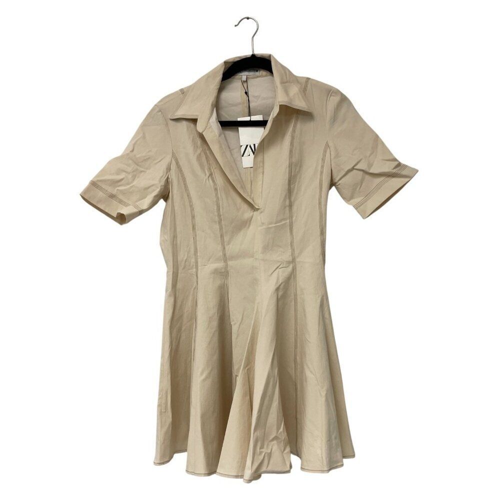 Zara Womens Mini Dress Large Ecru Cream Polo Collared Topstitch 8795/653 NWT - Picture 2 of 16